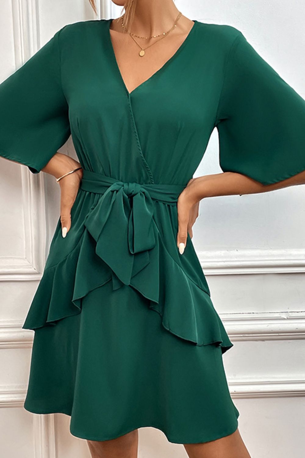 Perfee Tie Belt Surplice Neck Ruffled Dress