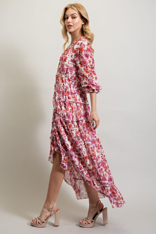 Multi-Pink BOHEMIAN FLORAL HIGH AND LOW MAXI DRESS