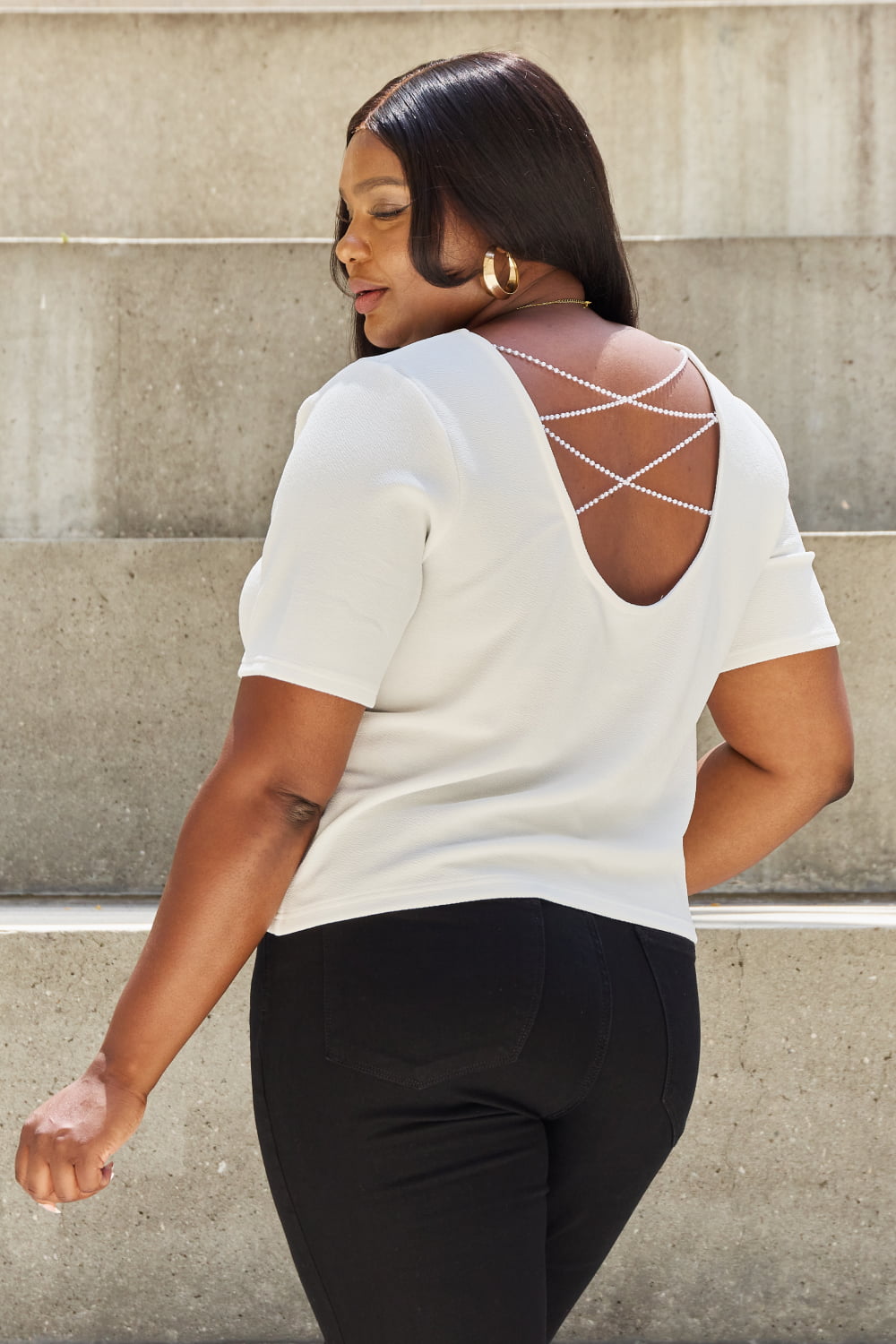 White Pearly White Full Size Criss Cross Pearl Detail Open Back T-Shirt