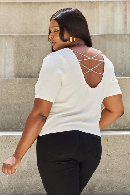White Pearly White Full Size Criss Cross Pearl Detail Open Back T-Shirt