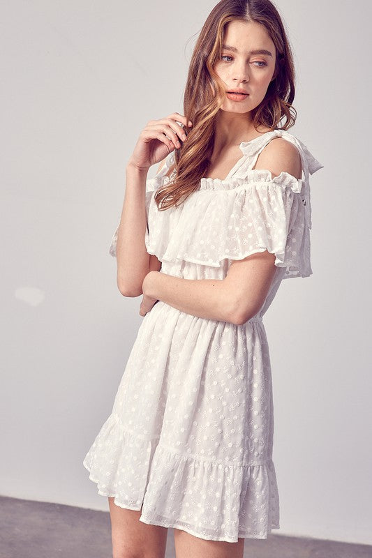 White Cold Shoulder Ruffle Dress