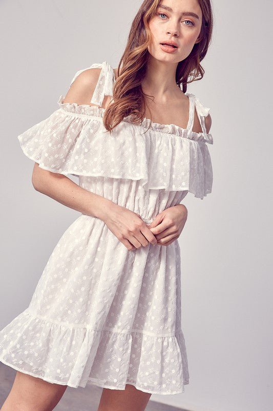 White Cold Shoulder Ruffle Dress