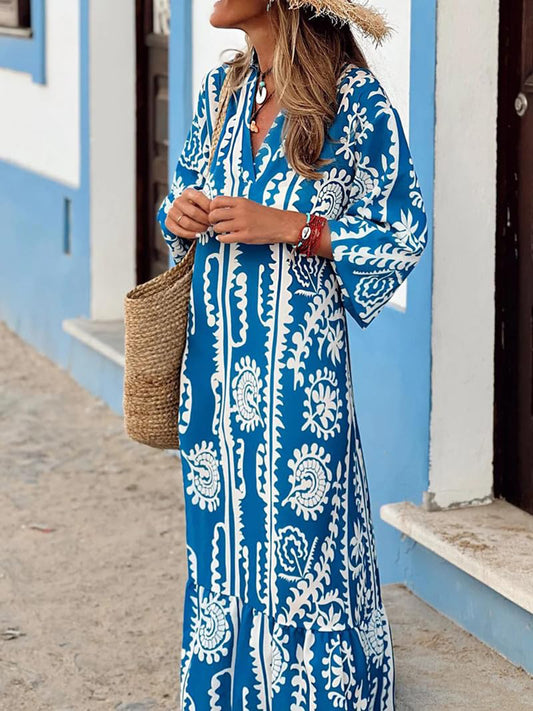 Printed Notched Half Sleeve Maxi Dress