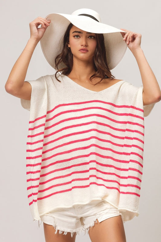 Fuchsia V Neck Striped Short Sleeve Top
