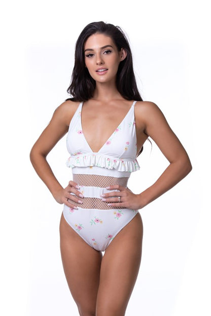 White Beige Floral Ruffle Trim Mesh One Piece Swim