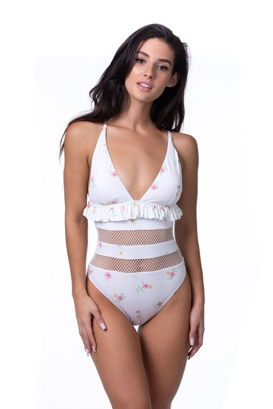 White Beige Floral Ruffle Trim Mesh One Piece Swim