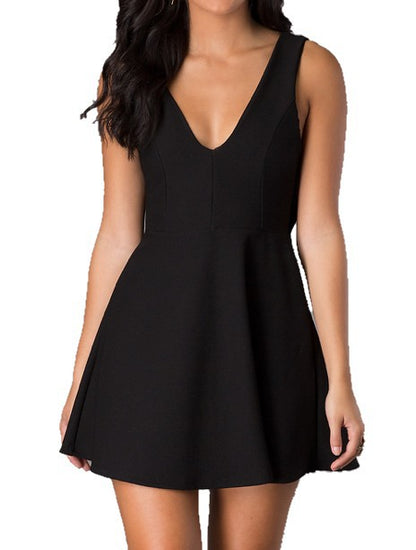 SHORT V-NECK SLEEVELESS A-LINE DRESS