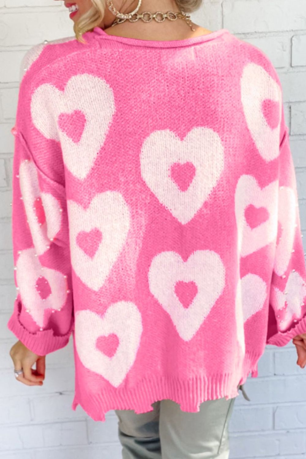 Pearl Detail Heart Round Neck Long Sleeve Sweater