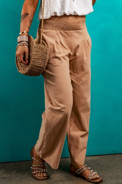 Smocked Elastic Waist Pants with Pockets