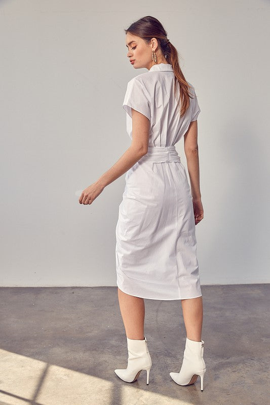 White Collar Button Front Tie Dress