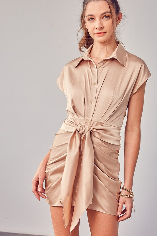 Taupe Collar Button Up Front Tie Dress