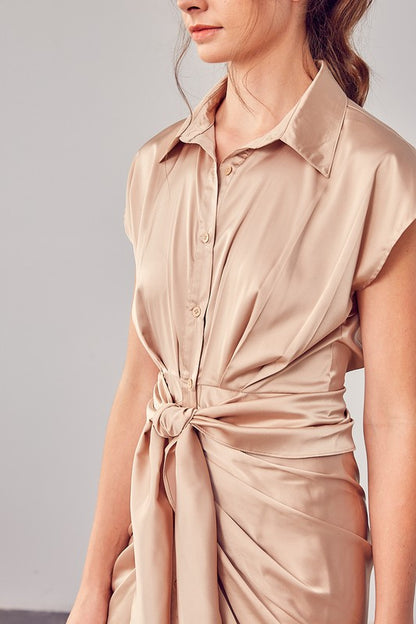 Taupe Collar Button Up Front Tie Dress