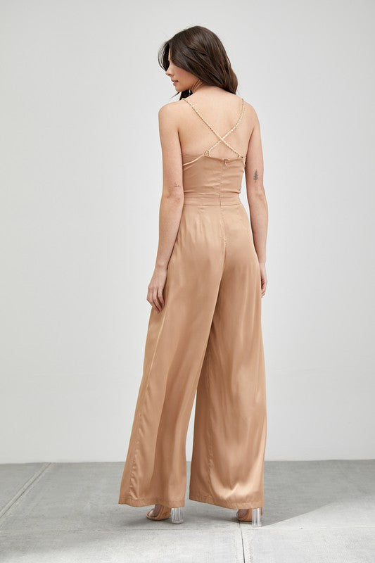 Taupe Neck Trim Detail Jumpsuit