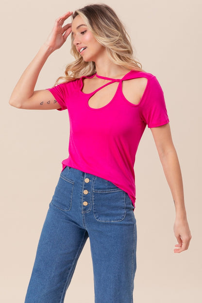 Fuchsia Cutout Asymmetrical Neck Short Sleeve T-Shirt