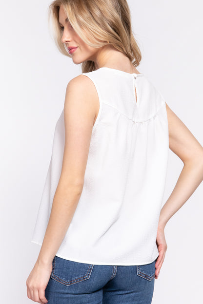 White ACTIVE BASIC Round Neck Lace Patch Texture Tank