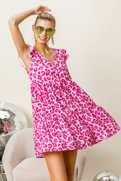 Pink Leopard Cap Sleeve Tiered Mini Dress