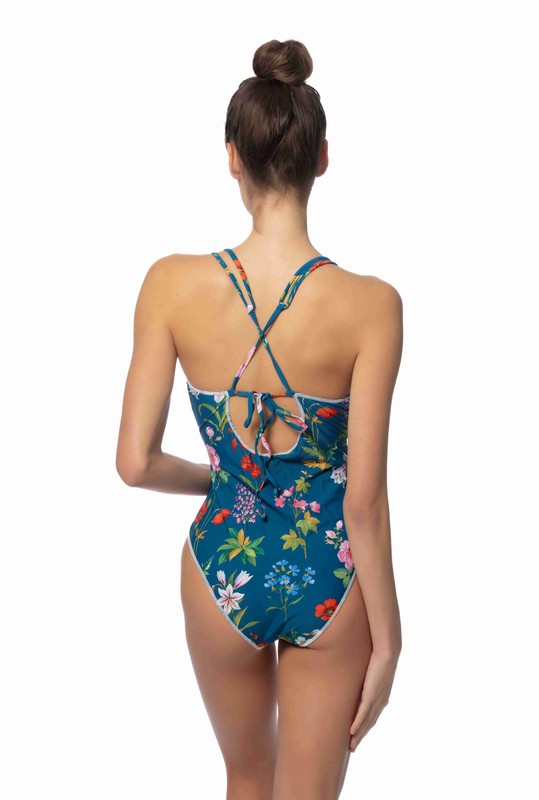 BLUE FLORAL ONE PIECE SWIMSUIT W/STITCHING DETAILS