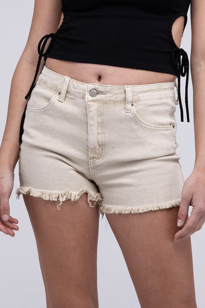 Ivory Acid Washed Frayed Cutoff Hem Shorts