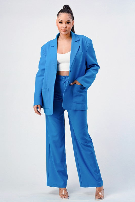 Blue Casual Loose Fit Blazer and Pants