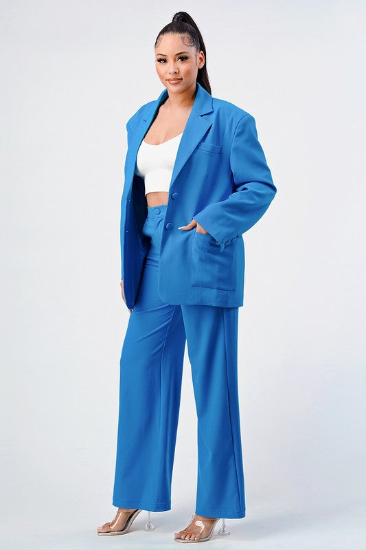 Blue Casual Loose Fit Blazer and Pants