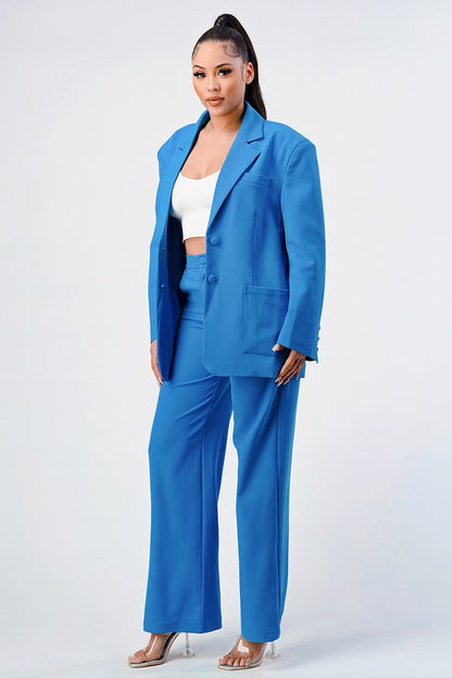 Blue Casual Loose Fit Blazer and Pants