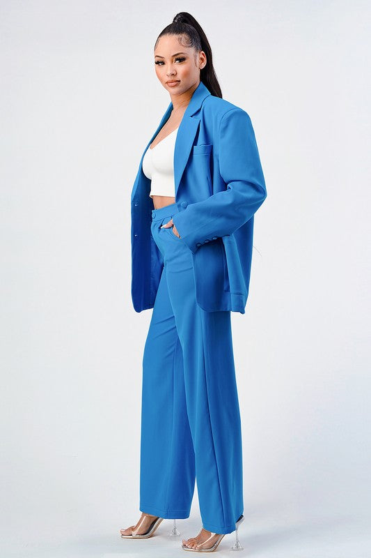 Blue Casual Loose Fit Blazer and Pants