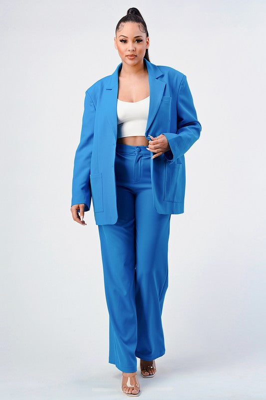 Blue Casual Loose Fit Blazer and Pants