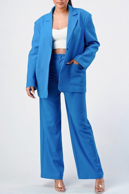 Blue Casual Loose Fit Blazer and Pants