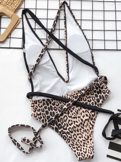 Tied Leopard Plunge One-Piece Swimwear