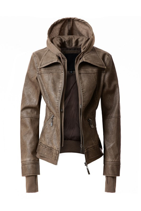 Women's Hood PU Leather Jacket