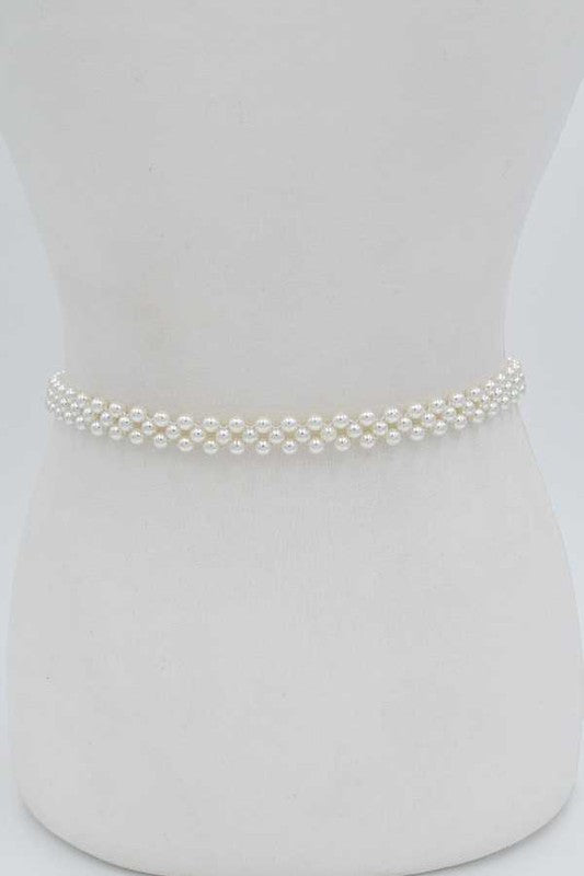 Rhinestone Bukle Pearl Elastic Belt