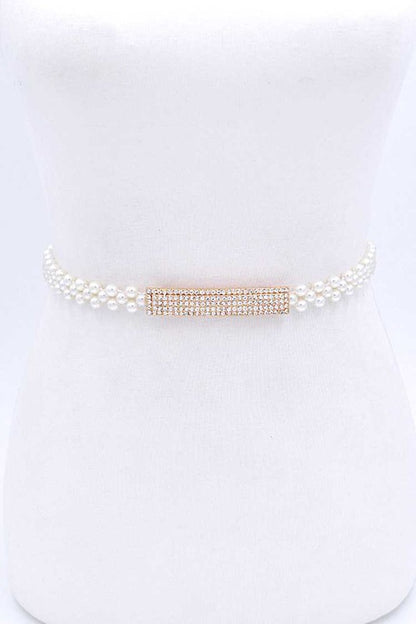 Rhinestone Bukle Pearl Elastic Belt