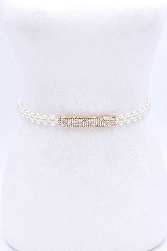 Rhinestone Bukle Pearl Elastic Belt