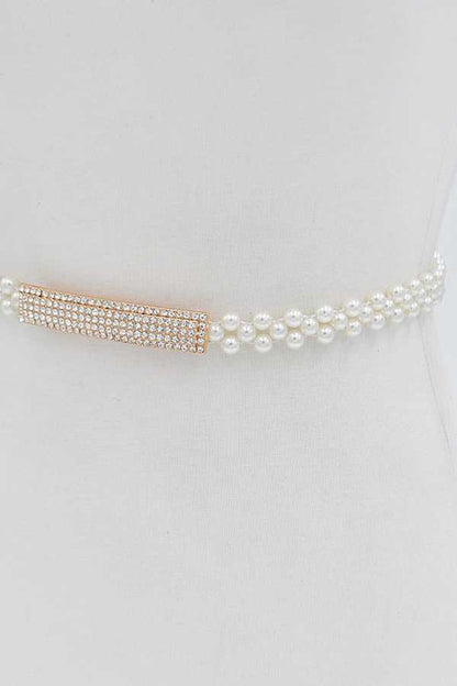 Rhinestone Bukle Pearl Elastic Belt