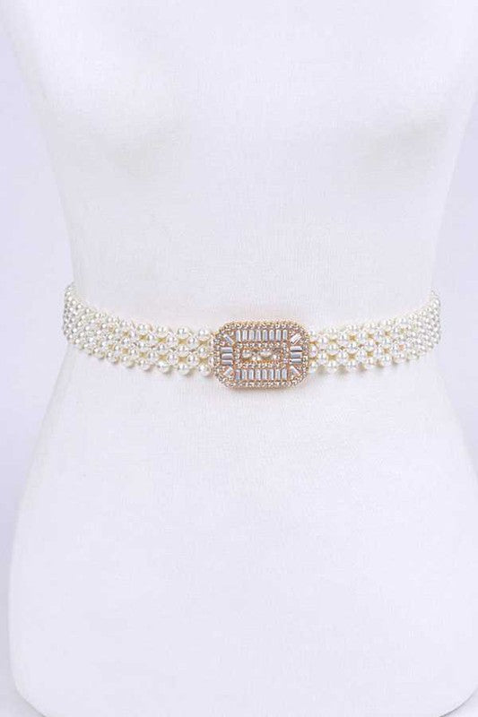 Crystal Buckle Pearl Elastic Belt