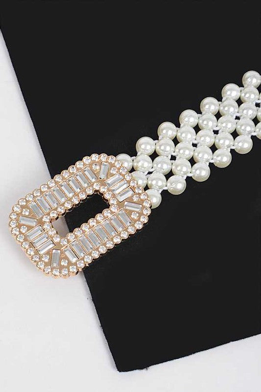 Crystal Buckle Pearl Elastic Belt