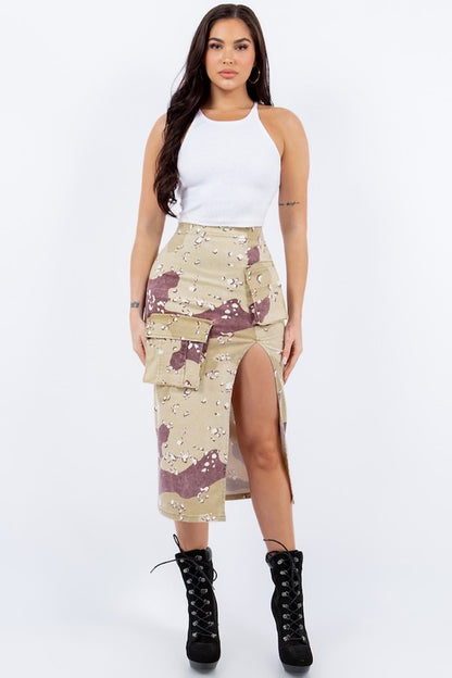 Camouflage Combat Cargo Pencil Skirt in Desert Camo