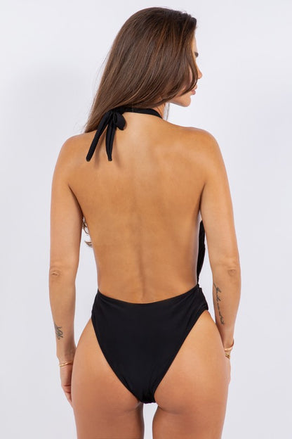 One piece bathing suit deep open with belt on waist