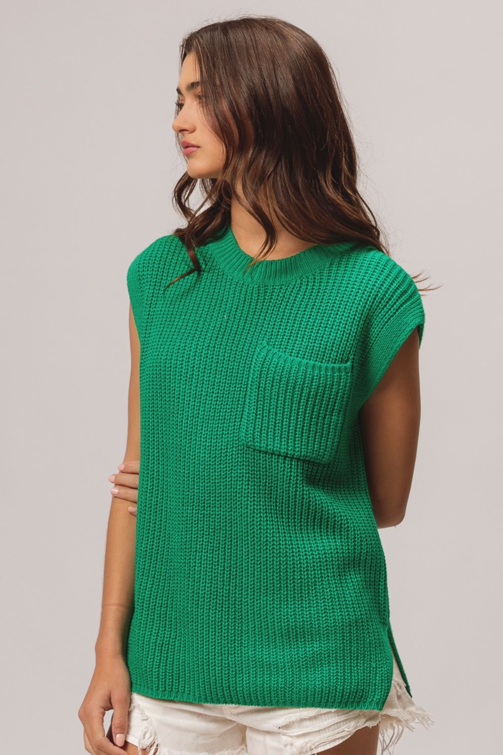 Green Patch Pocket Cap Sleeve Sweater Top