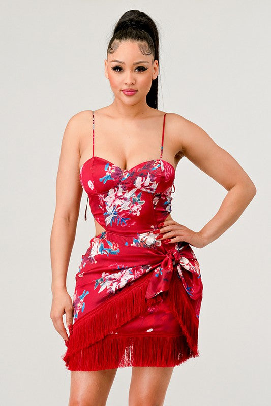 Red Kimono floral print mini dress