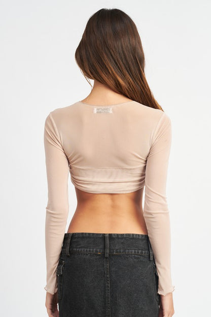 Taupe Crew Neck Ruched Bust Crop Top