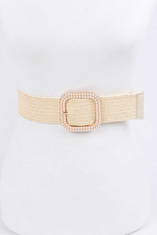 Pearl Buckle Faux Straw Elastic Belt