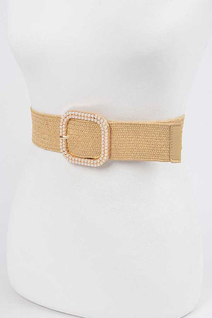 Pearl Buckle Faux Straw Elastic Belt