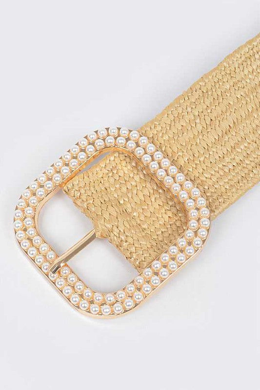 Pearl Buckle Faux Straw Elastic Belt