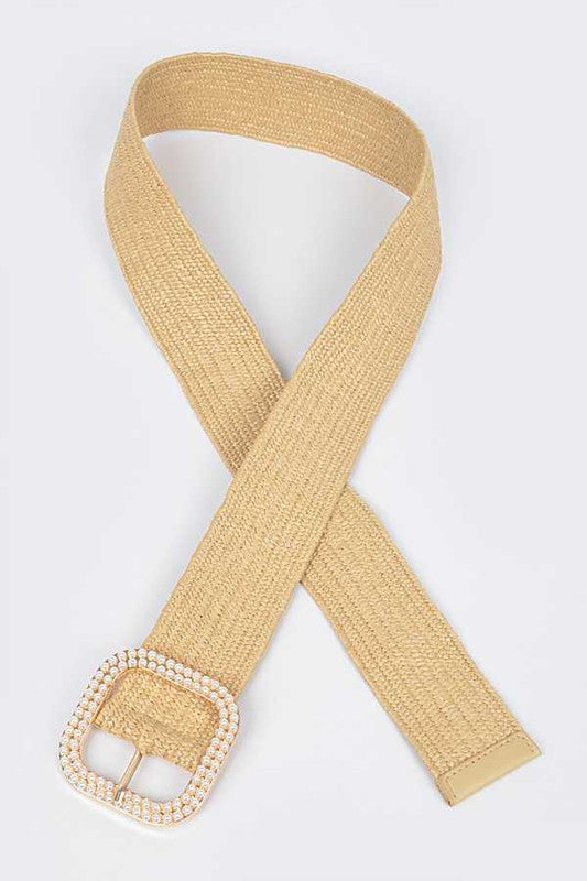 Pearl Buckle Faux Straw Elastic Belt