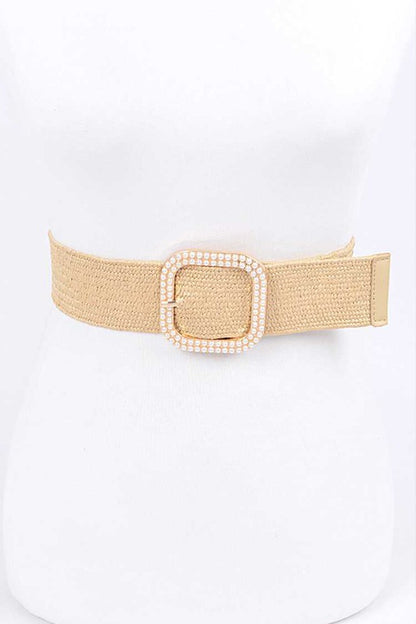 Pearl Buckle Faux Straw Elastic Belt