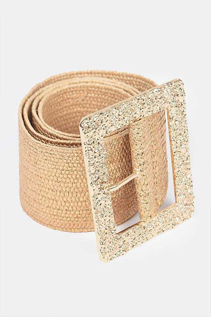 Square Buckle Faux Straw Elastic Belt