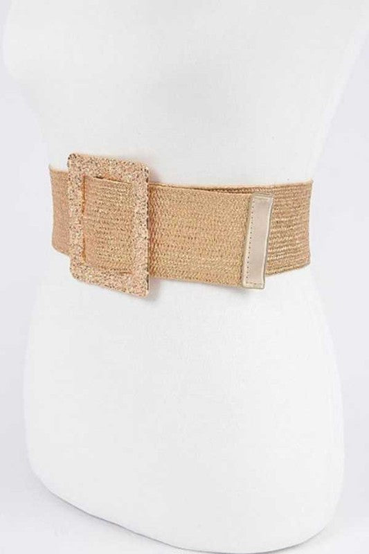 Square Buckle Faux Straw Elastic Belt