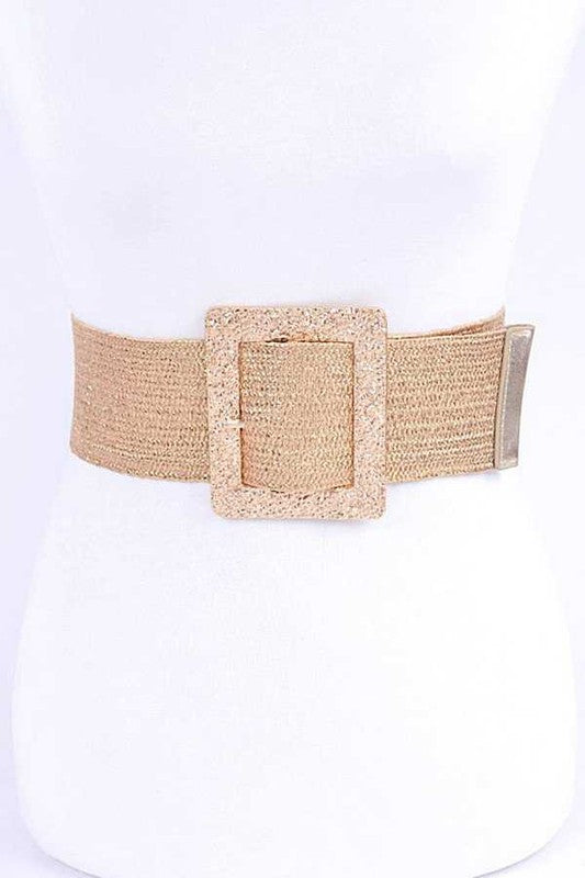 Square Buckle Faux Straw Elastic Belt