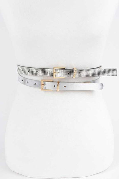 Rhinestone Metallic 2 In 1 Skinny Belt Set